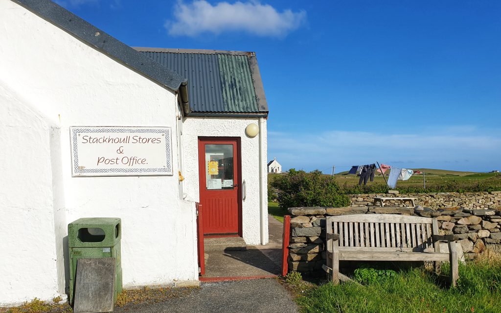 Stackhoull Stores and Post Office Fair Isle.  Fab little shop twice the size you can see.  Post Office has it's own Fair Isle postmark stamp!